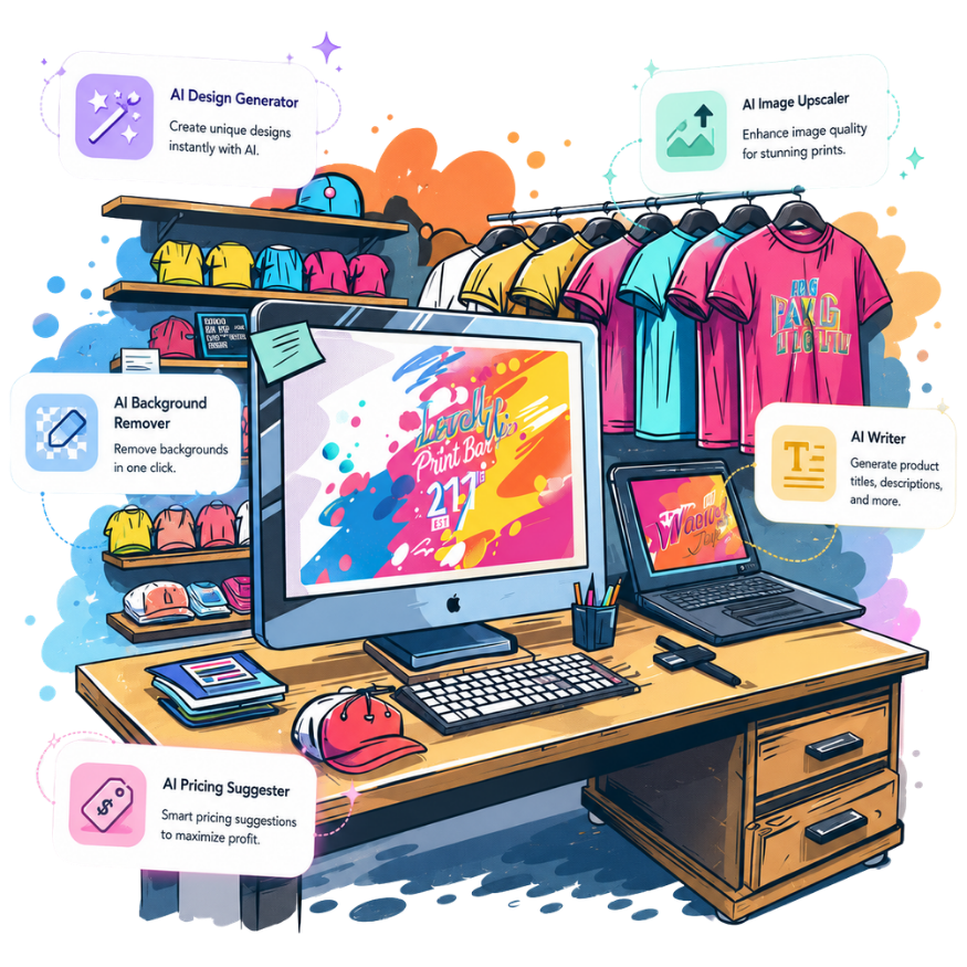 Creative workstation surrounded by AI writing, pricing, mockup, and material tools