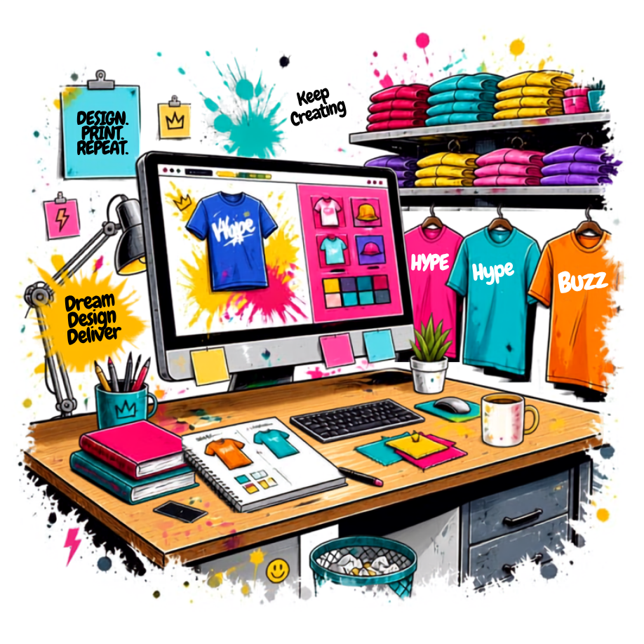 Colorful clothing design studio with digital artwork and custom apparel