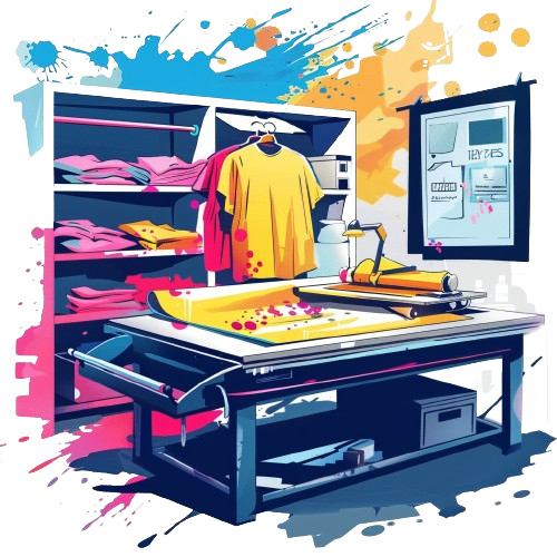 Colorful apparel printing workspace with a heat press, shirts, and design screen