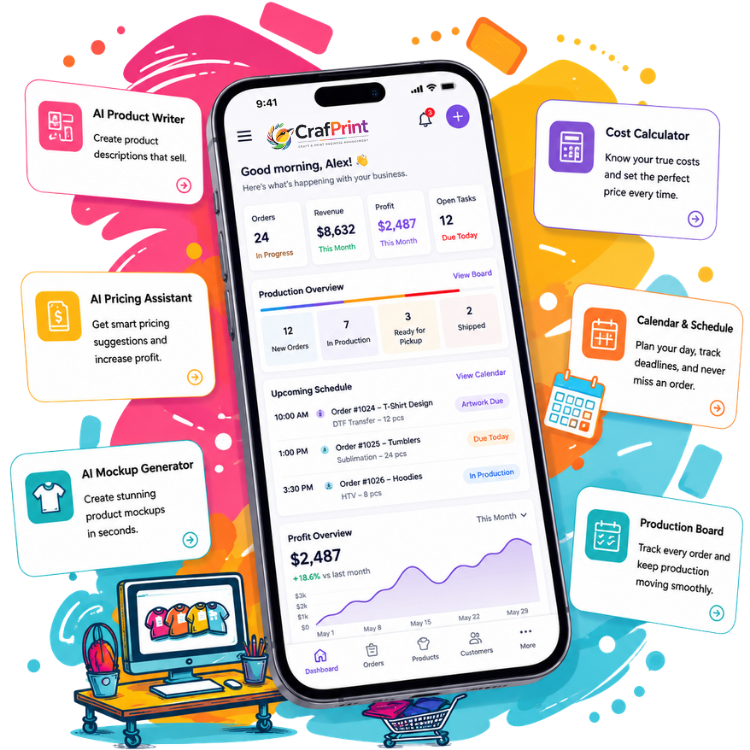 Illustrated mobile workspace with orders, a production board, calendar, and AI tools