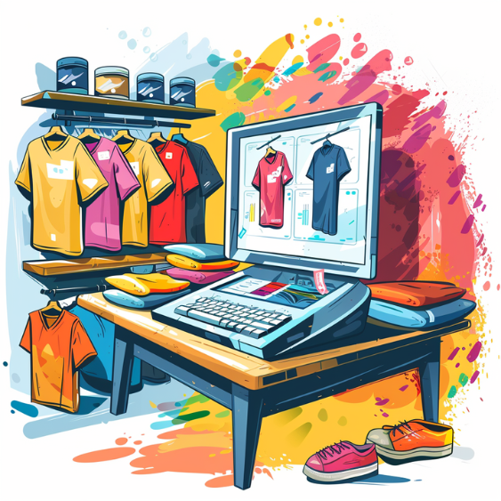 Product mockup studio with custom shirts and a design tablet